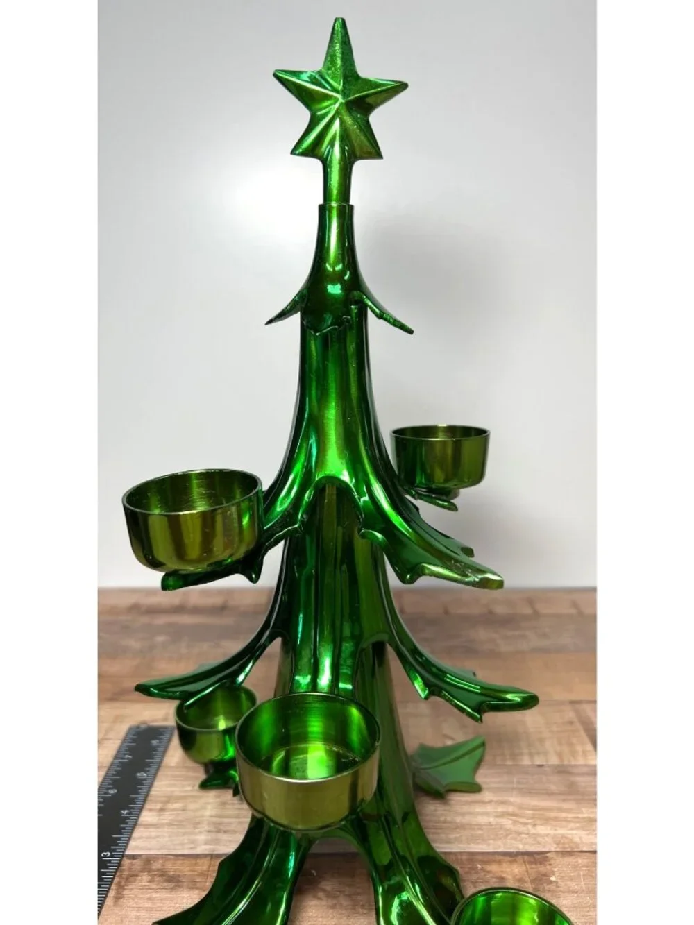 Metallic Green Christmas Tree Tealight Holder With Star Holds 6 Candles Heavy